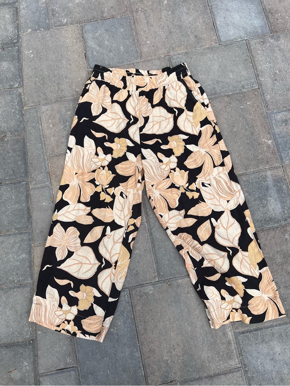 Rachel Zoe Linen Blend Wide Leg Pants Large Floral Leaf Botanical Pull On Black